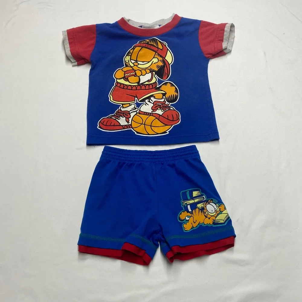 Vintage 1994 Garfield Paws Toddler 2T Blue Red Basketball Shirt Shorts Set